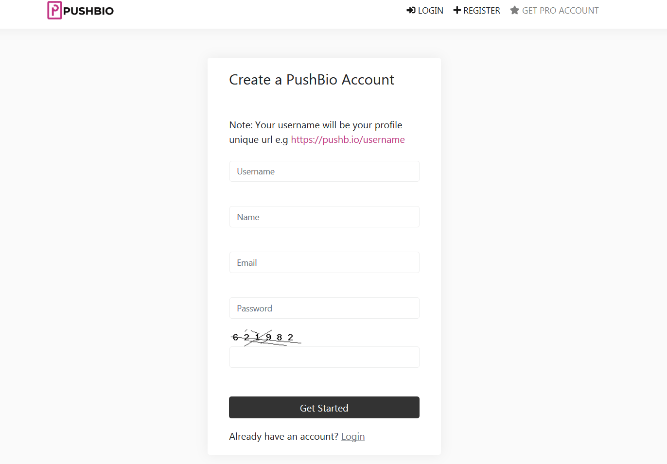 Register Page on Pushbio