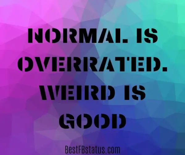 Purple and blue background with the text: "Normal is overrated. Weird is good."