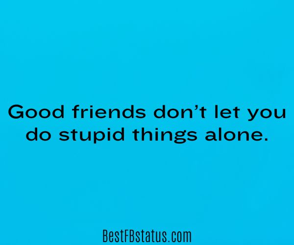 Blue background with the text: "Good friends don’t let you do stupid things alone." 