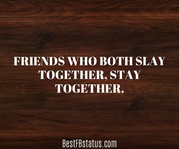 Brown background with the text: "Friends who both slay together, stay together."