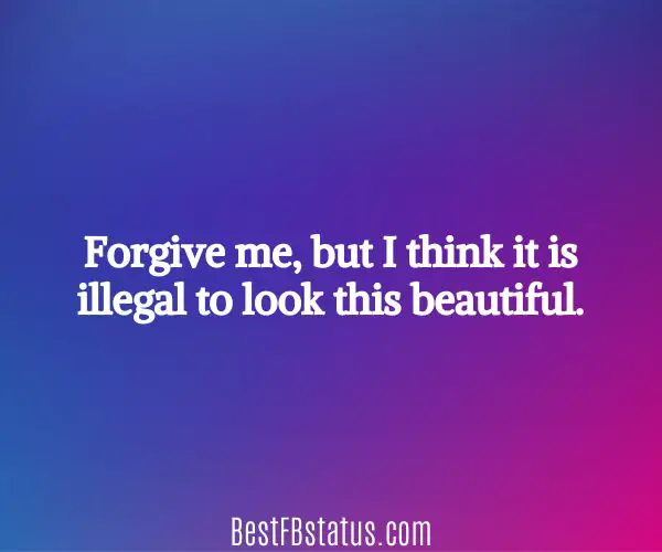 Blue and pink background with the text: "Forgive me, but I think it is illegal to look this beautiful."
