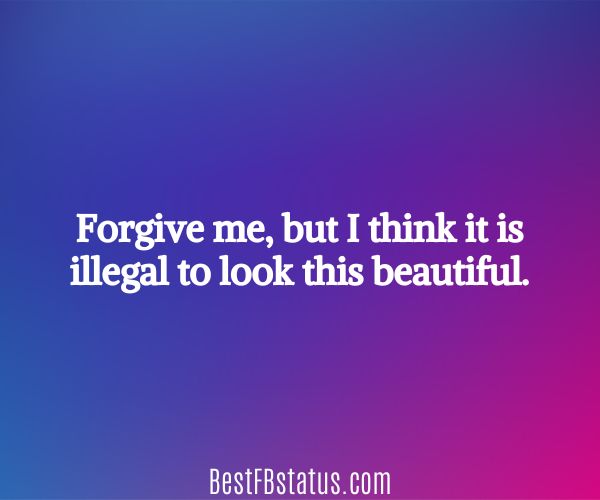 Blue and pink background with the text: "Forgive me, but I think it is illegal to look this beautiful."