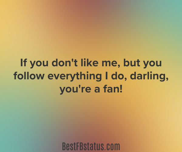 Yellow, orange, and green background with the text: "Ifyou don't like me, but you follow everything I do, darling, you're a fan!"