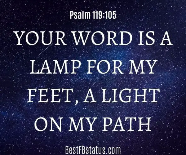 Blue background with the text: “Your word is a lamp for my feet, a light on my path.“ (Psalm 119:105)