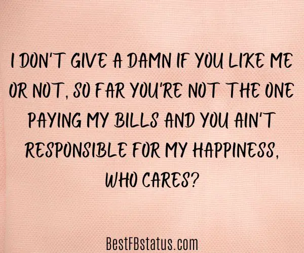 Flesh background with the text: "I don't give a damn if you like me or not, so far you're not the one paying my bills and you ain't responsible for my happiness, who cares?"