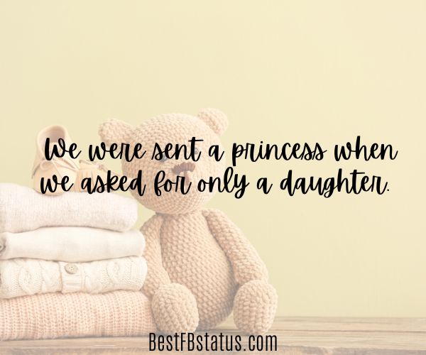 Blurred teddy bear background with the text: "We were sent a princess when we asked for only a daughter. That’s our toddling little girl."