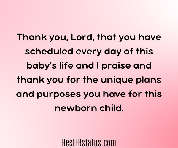 Pink background with the text: "Thank you, Lord, that you have scheduled every day of this baby's life and I praise and thank you for the unique plans and purposes you have for this newborn child."